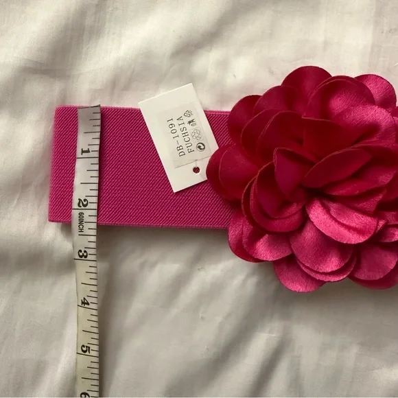 Fuchsia statement satin double flower wide elastic waistband belt - Picture 7 of 9